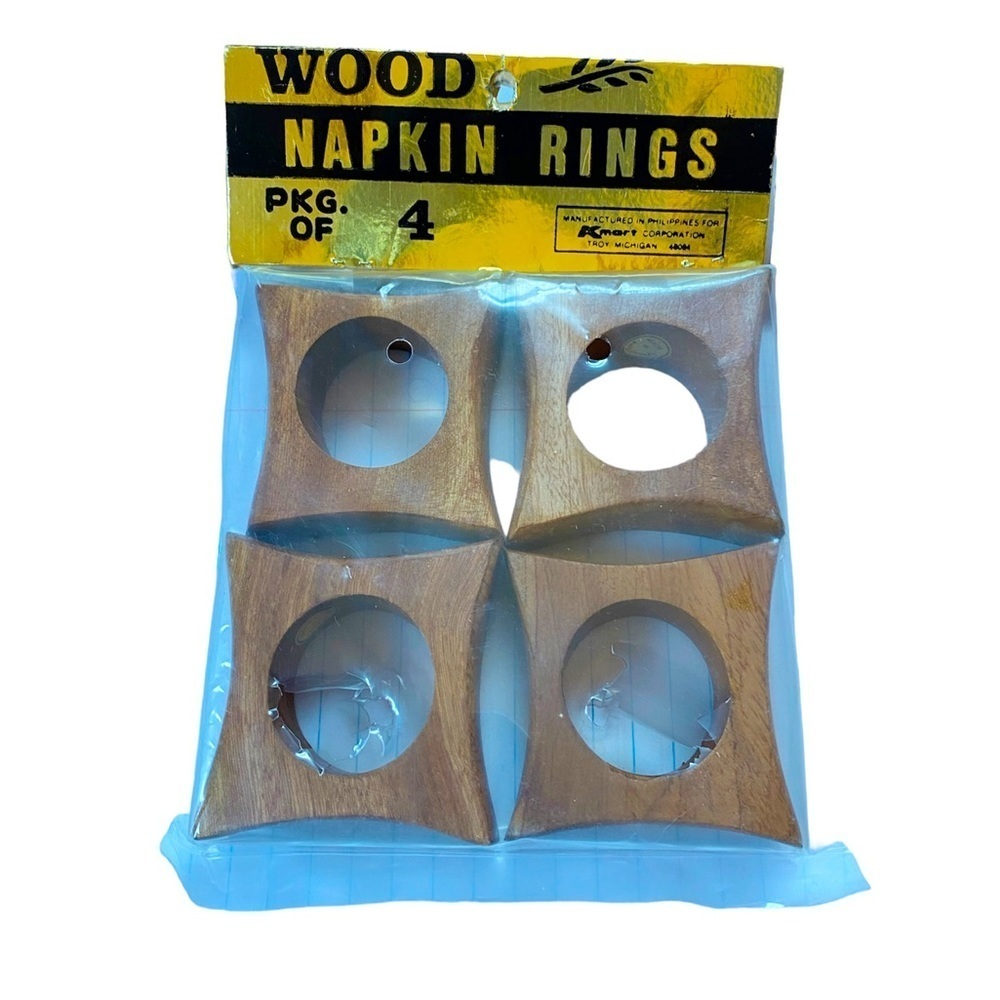 Vintage 1960s 4 Mid Century Teak Wood Napkin Rings NEW